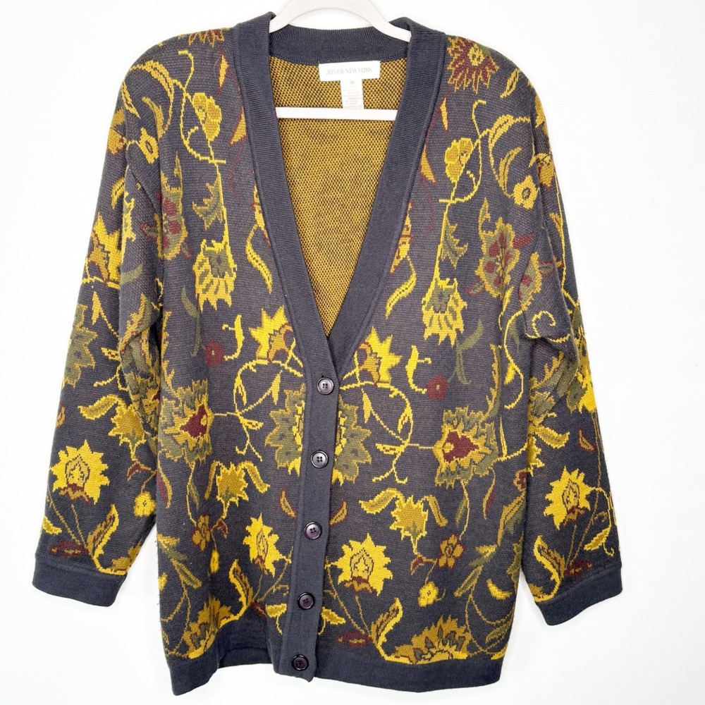 Vintage Jones New York Dark Floral Cardigan Sweater Lambswool Blend Size M